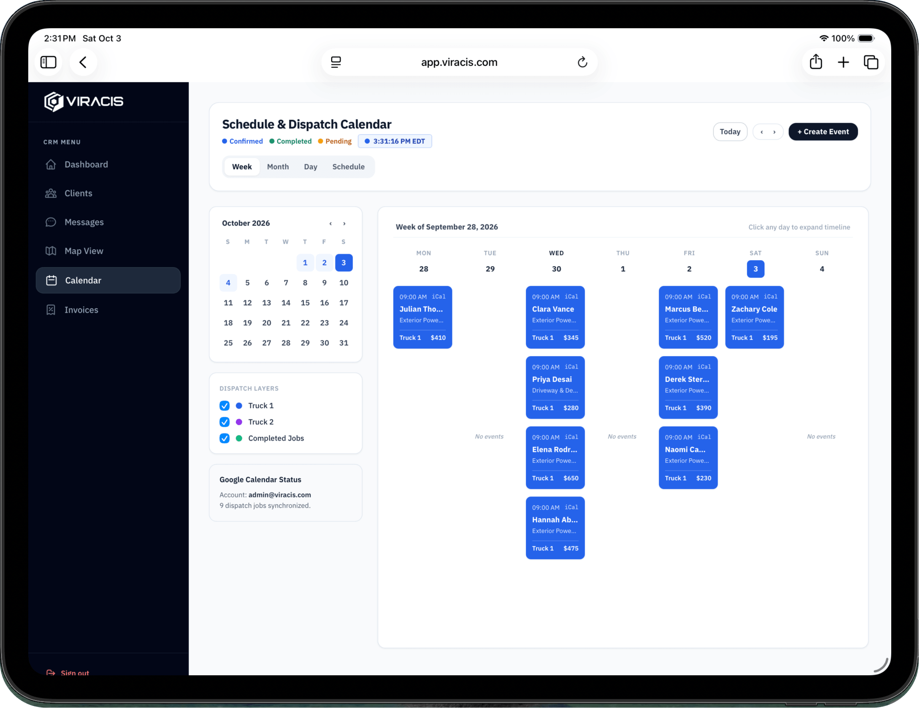 Viracis CRM Fleet Dispatch Calendar on iPad